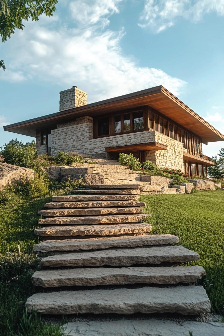 craftsman style mid century modern house with stone and wood facade on a hill among green plains