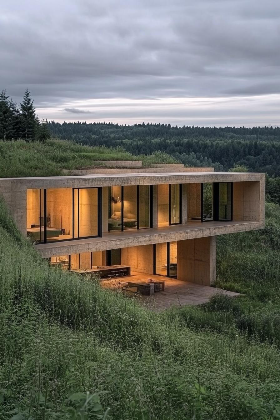 earth sheltered modern house large facade partially built into hillside with large windows overlooking a green valley with forest in the distance 1