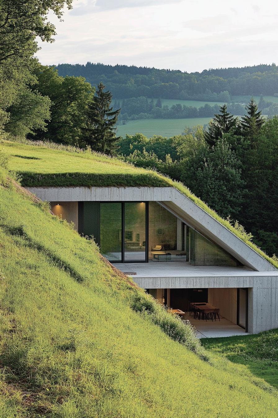 earth sheltered modern house large facade partially built into hillside with large windows overlooking a green valley with forest in the distance 2