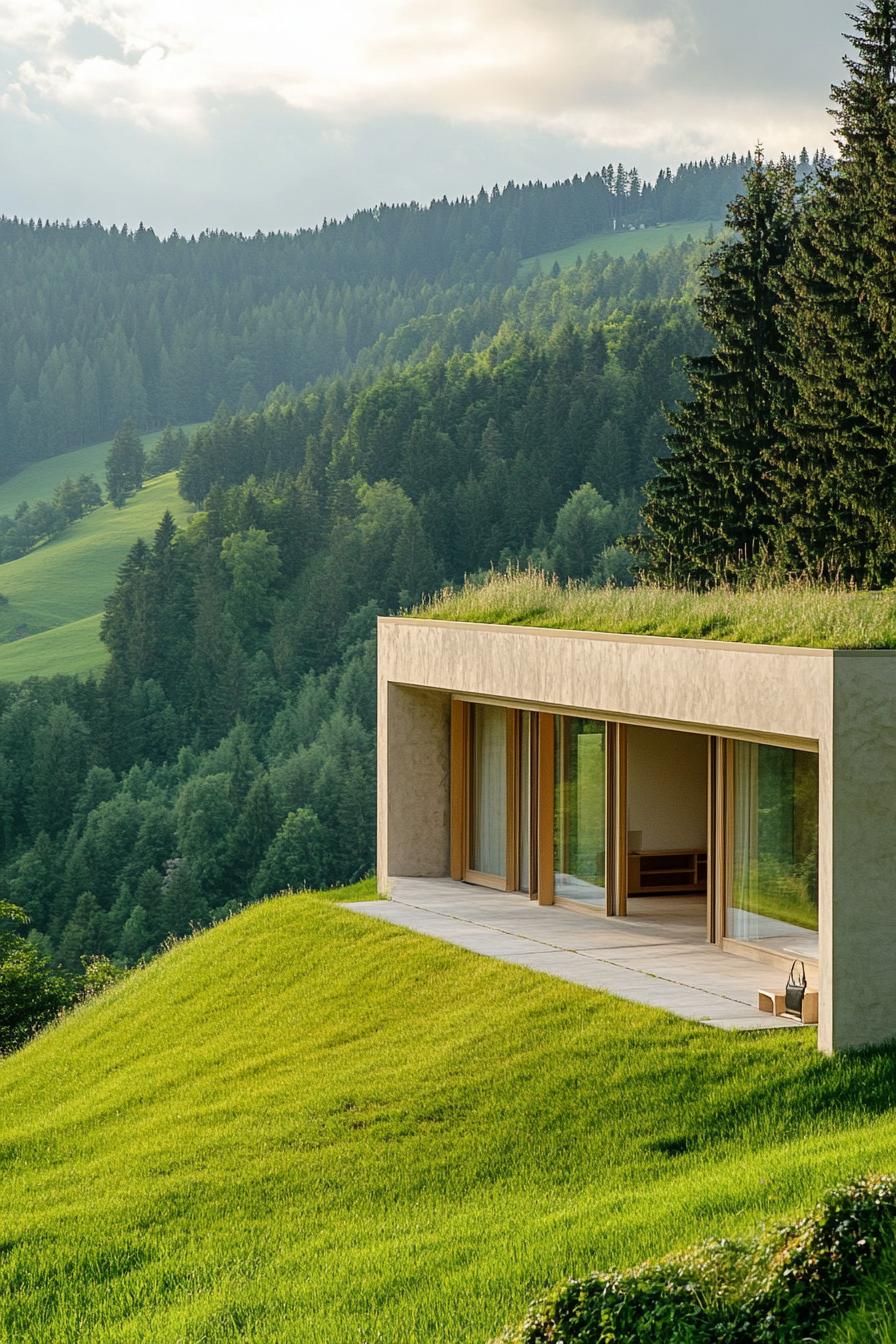 earth sheltered modern house large facade partially built into hillside with large windows overlooking a green valley with forest in the distance