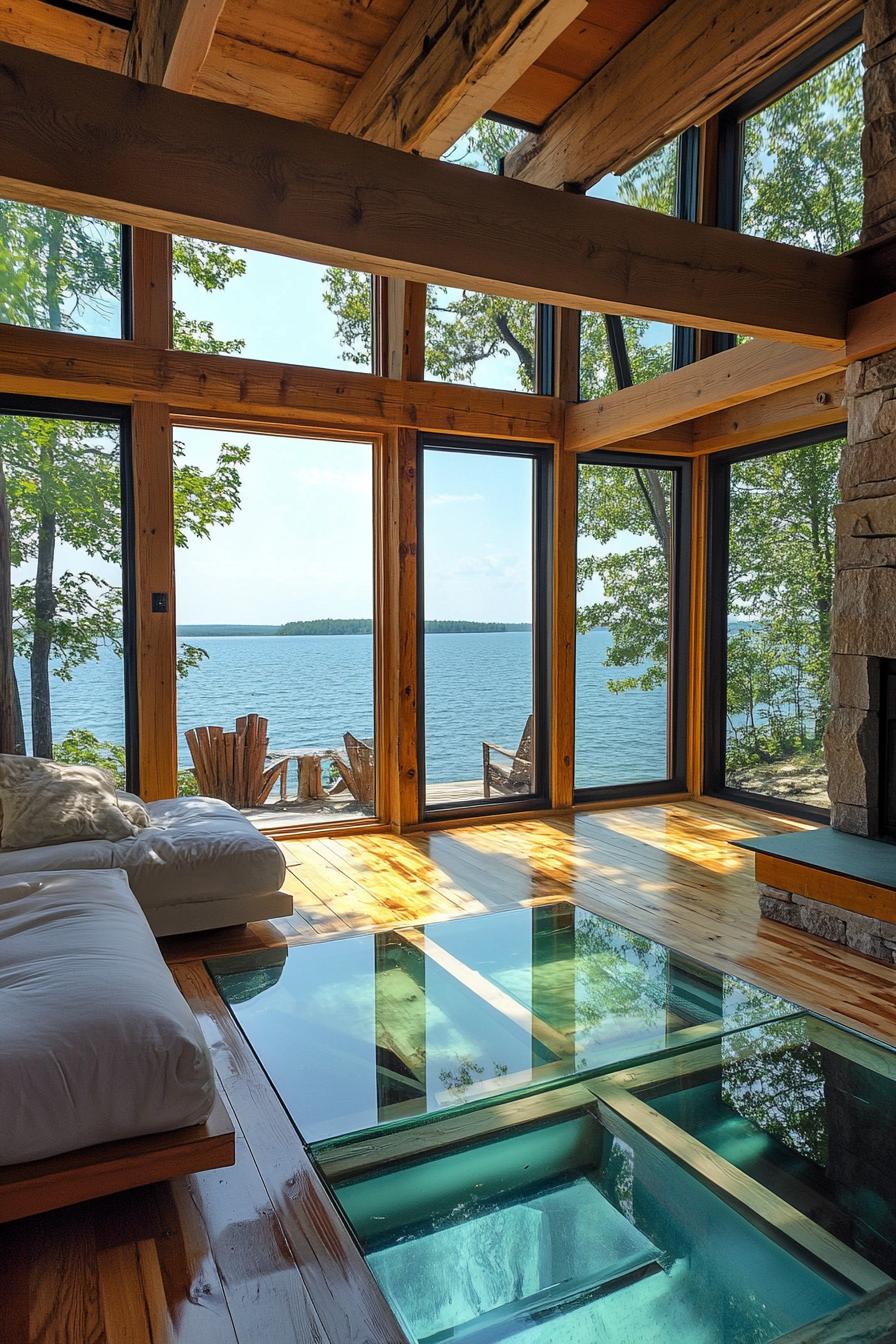 lake house interior with translucent glass floor showing lake bottom large windows show stunning lake views 1