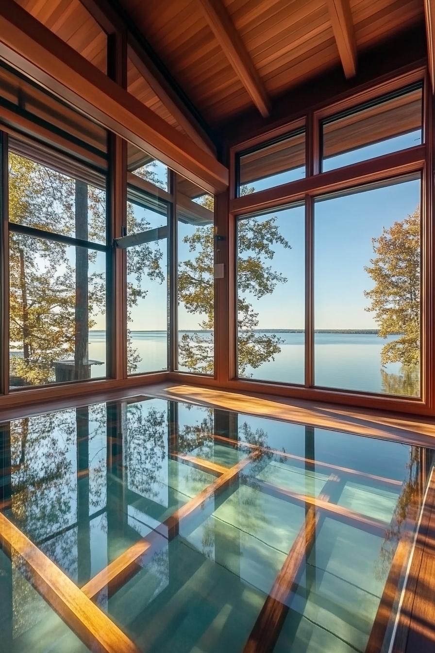 lake house interior with translucent glass floor showing lake bottom large windows show stunning lake views 3