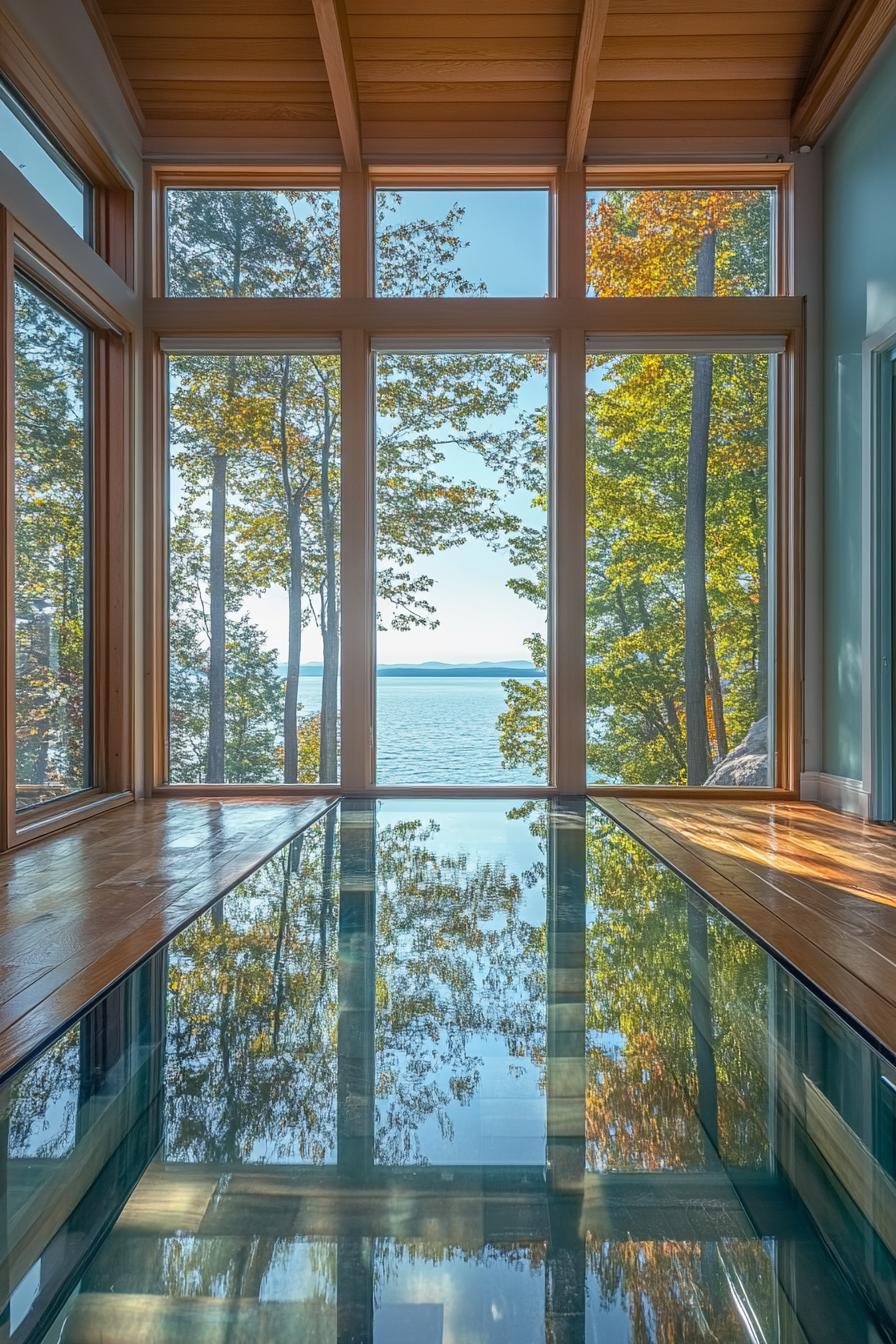 lake house interior with translucent glass floor showing lake bottom large windows show stunning lake views