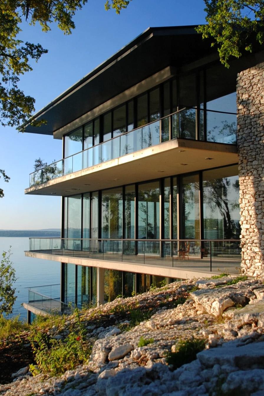 lakeside hill house with glass facade and large wraparound balconies with stunning lake views 1