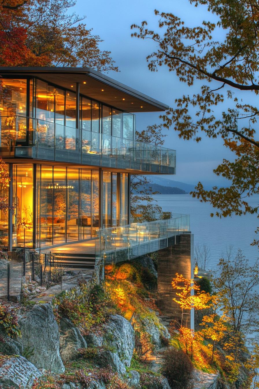 lakeside hill house with glass facade and large wraparound balconies with stunning lake views 2