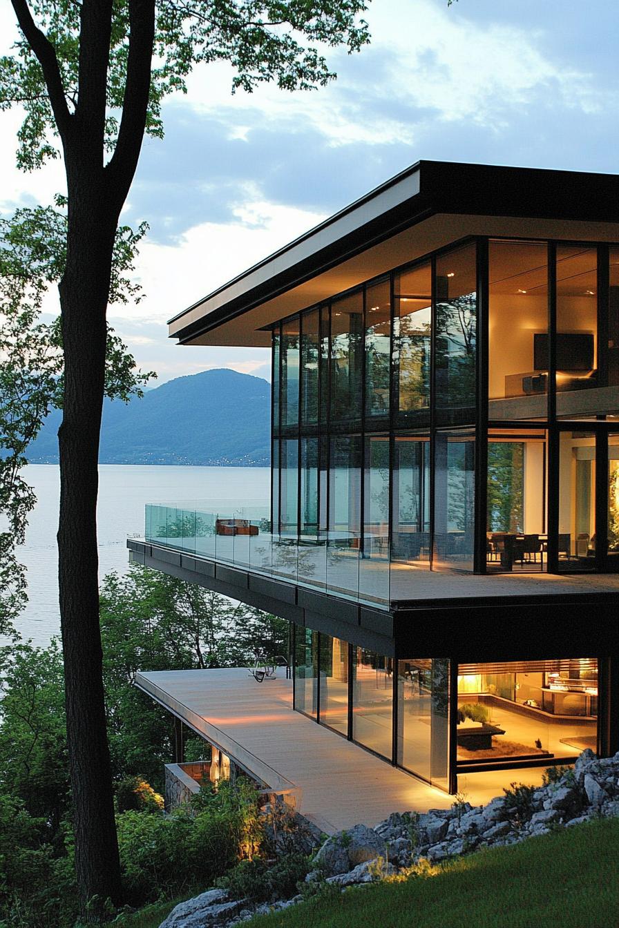 lakeside hill house with glass facade and large wraparound balconies with stunning lake views