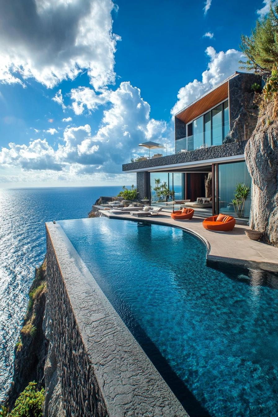 luxury geometric modern cliffside mansion with infinity pool with stunning black volcanic island seashore views 1