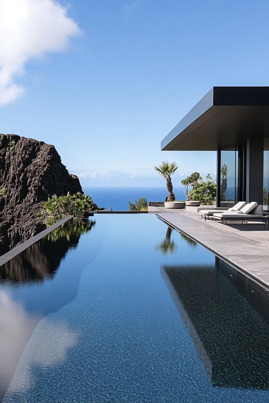 luxury geometric modern cliffside mansion with infinity pool with stunning black volcanic island seashore views 2