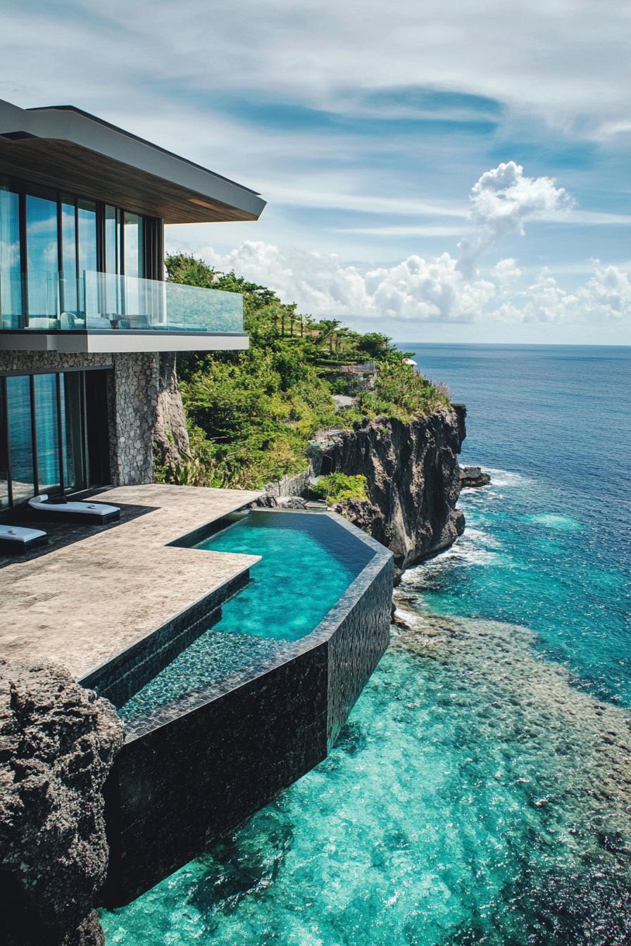 luxury geometric modern cliffside mansion with infinity pool with stunning black volcanic island seashore views 3