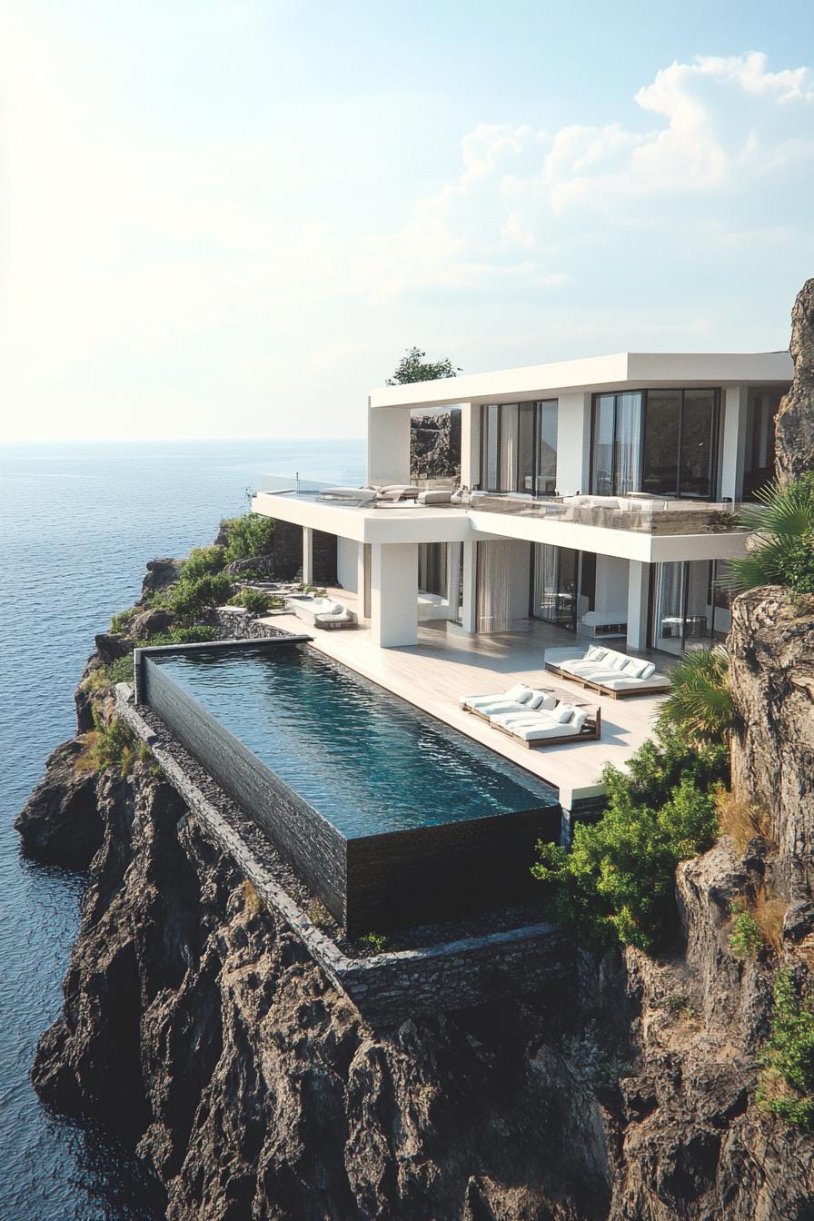 luxury geometric modern cliffside mansion with infinity pool with stunning black volcanic island seashore views