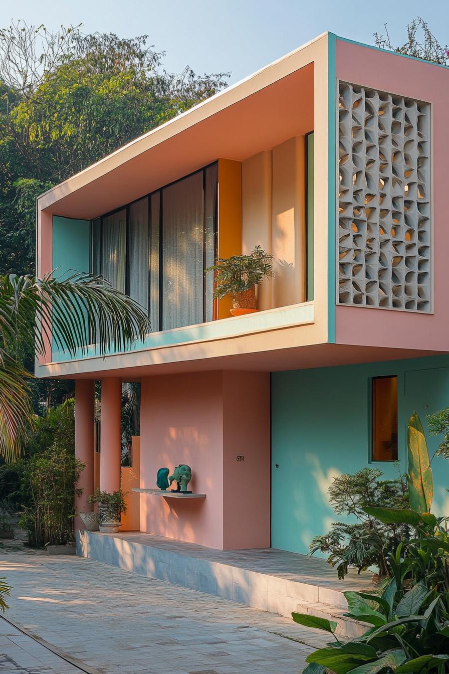 mid century modern 1950s style house geometric facade with pastel colors