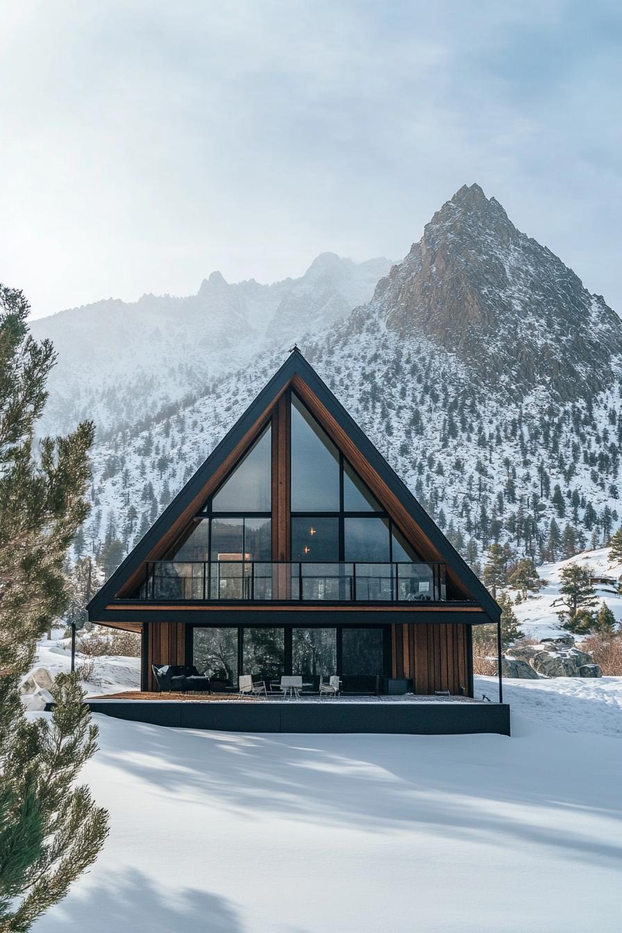 mid century modern A frame cabin with floor to ceiling windows stunning snowy mountain in the background 1