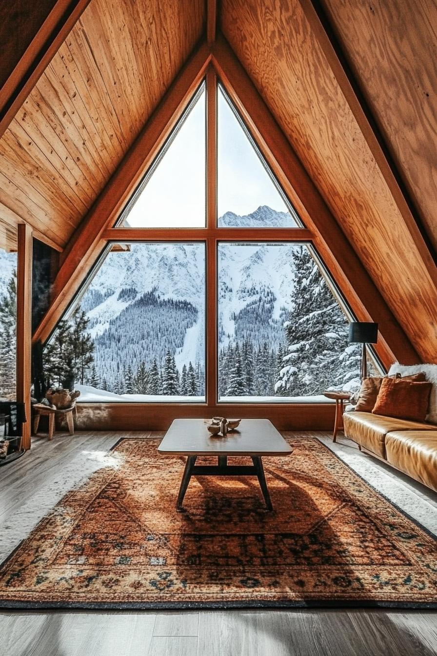 mid century modern A frame cabin with floor to ceiling windows stunning snowy mountain in the background 2