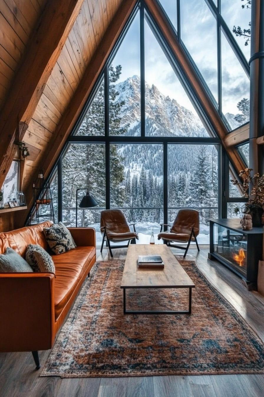 mid century modern A frame cabin with floor to ceiling windows stunning snowy mountain in the background 3