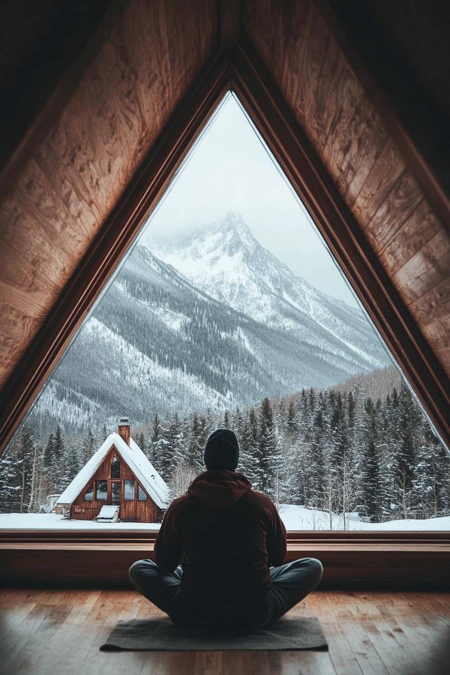 mid century modern A frame cabin with floor to ceiling windows stunning snowy mountain in the background