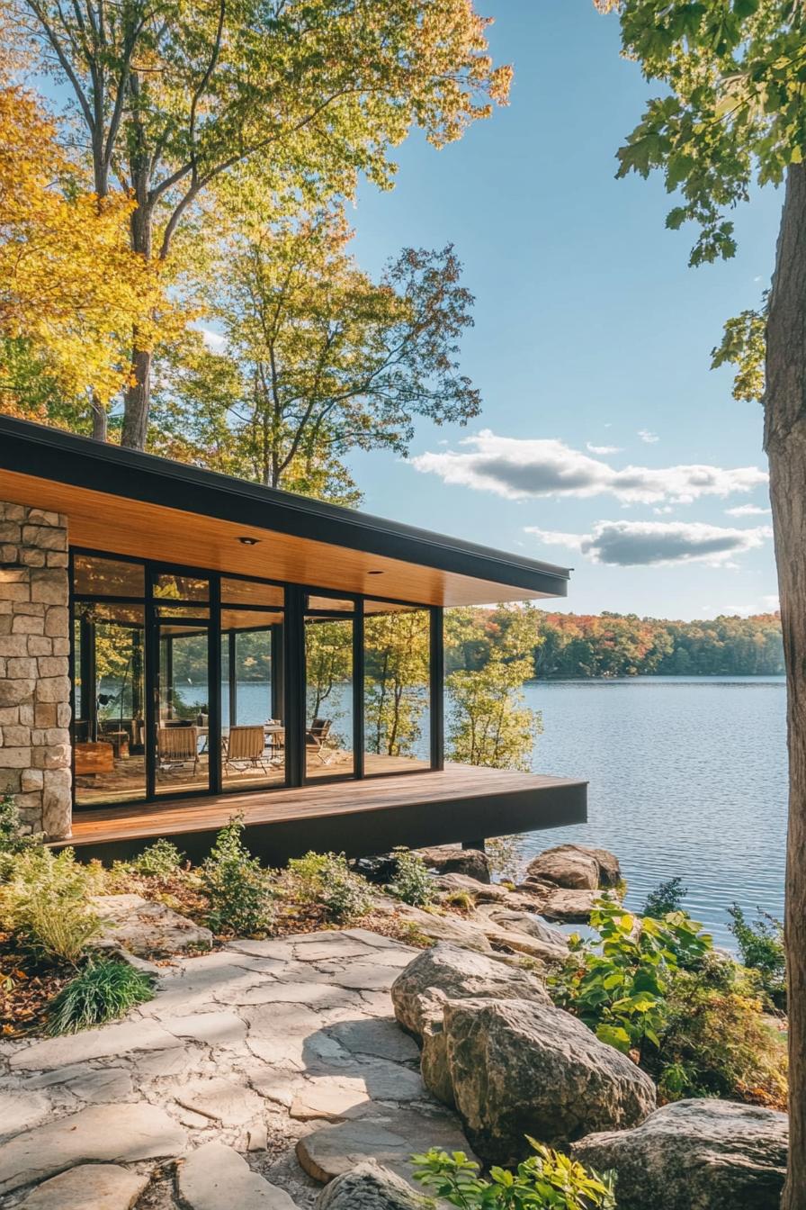 mid century modern cabin with flat roof and large overhangs stunning lakeside views 1