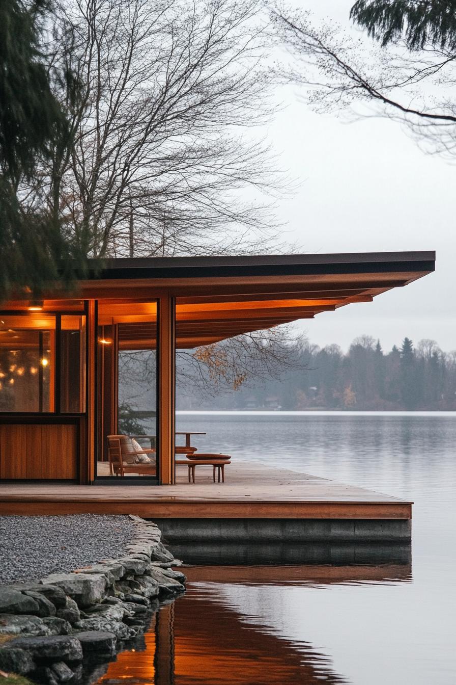 mid century modern cabin with flat roof and large overhangs stunning lakeside views