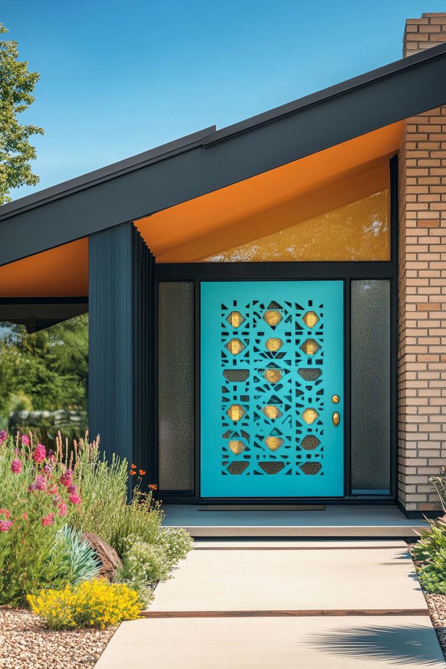 mid century modern house facade in turquoise and tengerine colors and geometric patterns 1