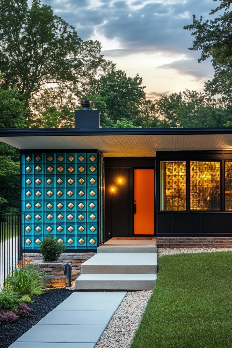 mid century modern house facade in turquoise and tengerine colors and geometric patterns 2