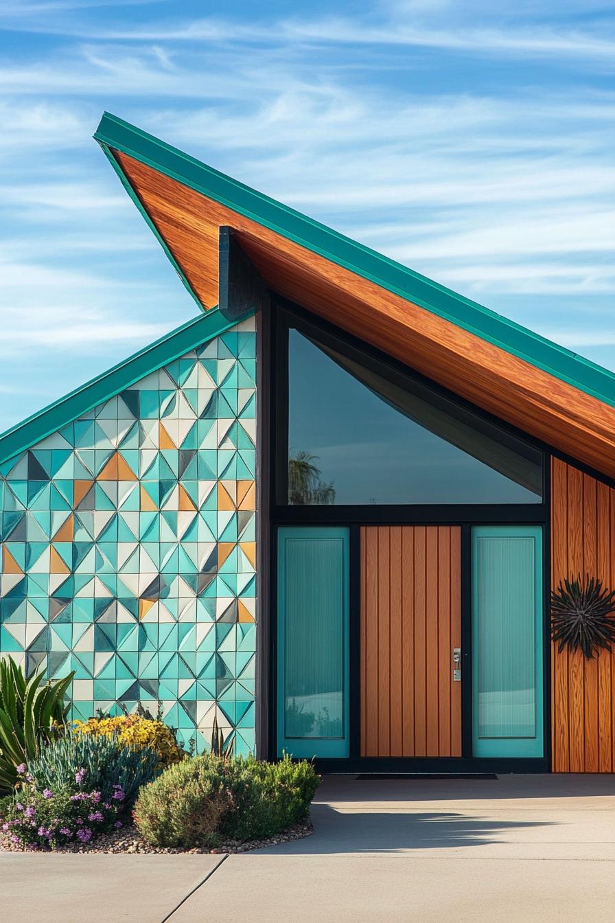 mid century modern house facade in turquoise and tengerine colors and geometric patterns 3