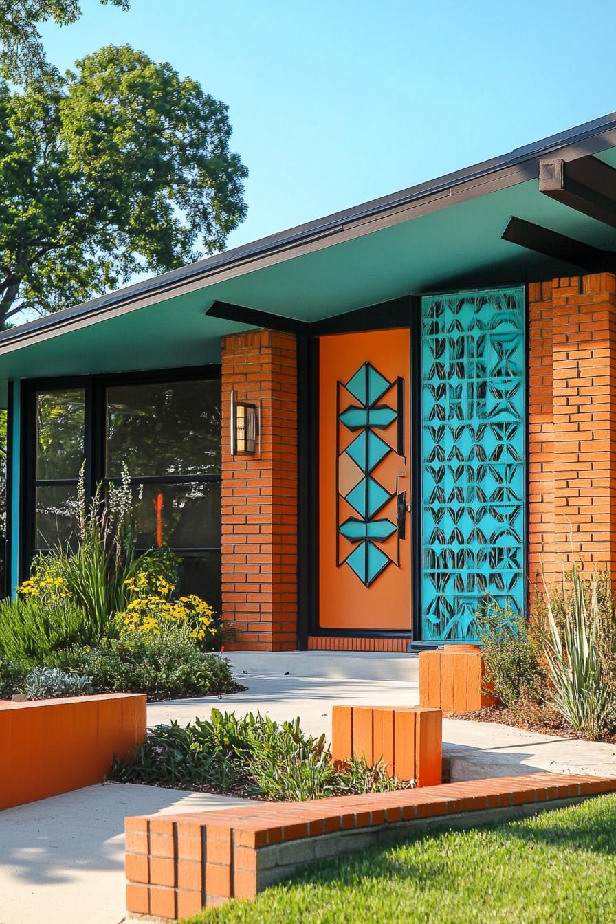 mid century modern house facade in turquoise and tengerine colors and geometric patterns