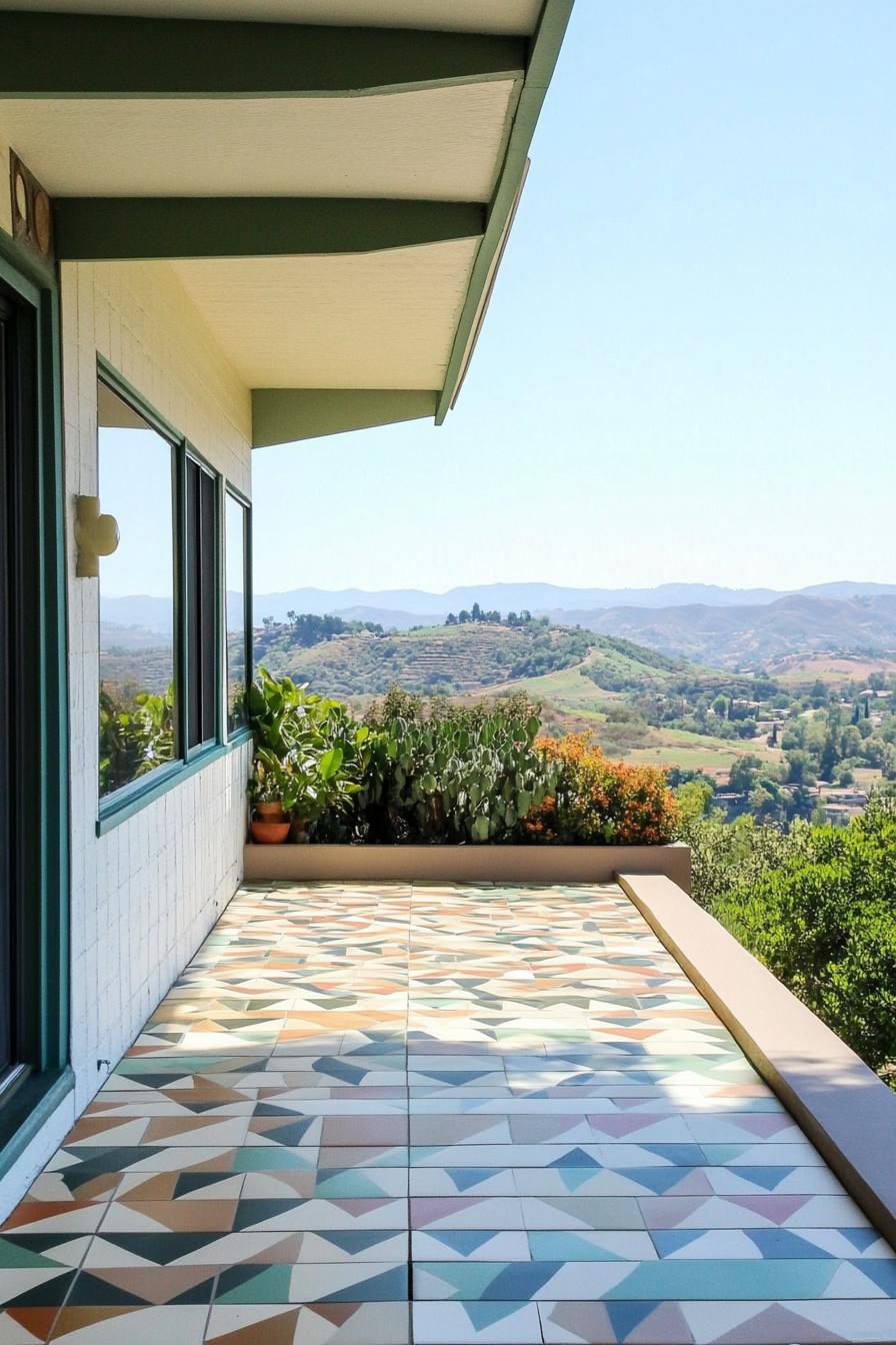 mid century modern house front porch with geometric tile floor green valley in the background 1