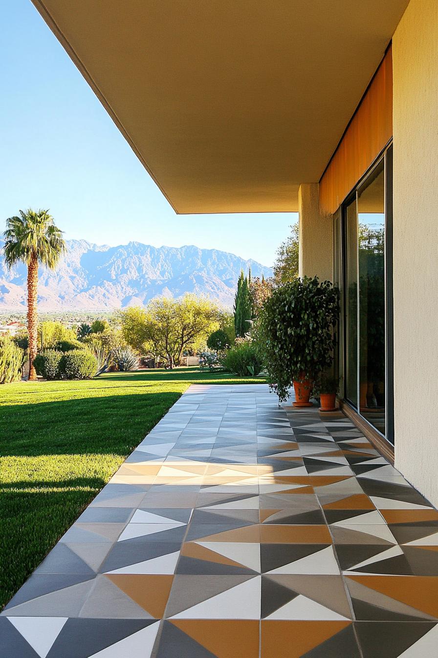 mid century modern house front porch with geometric tile floor green valley in the background 2