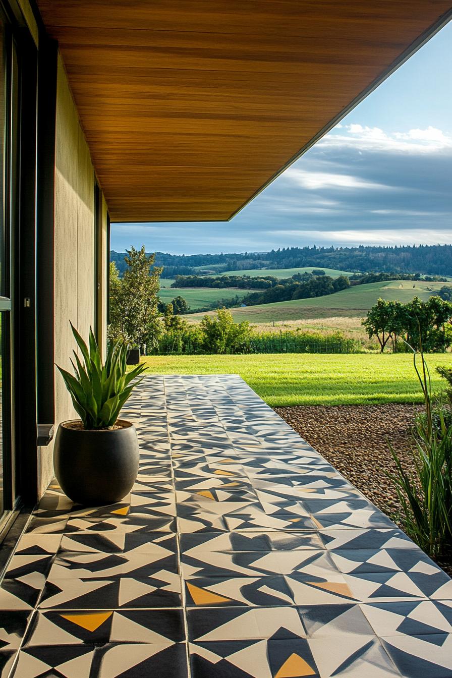 mid century modern house front porch with geometric tile floor green valley in the background 3