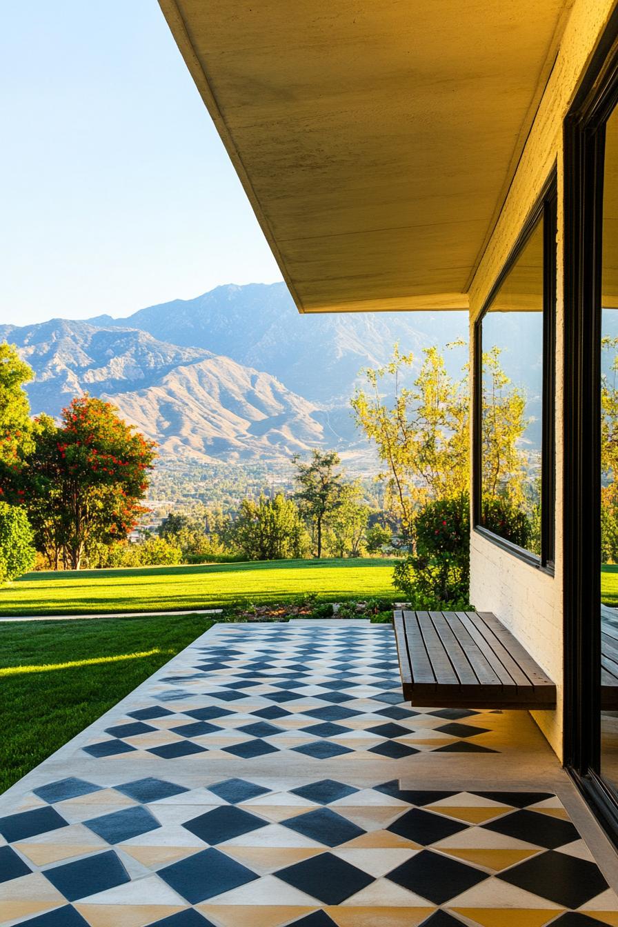 mid century modern house front porch with geometric tile floor green valley in the background