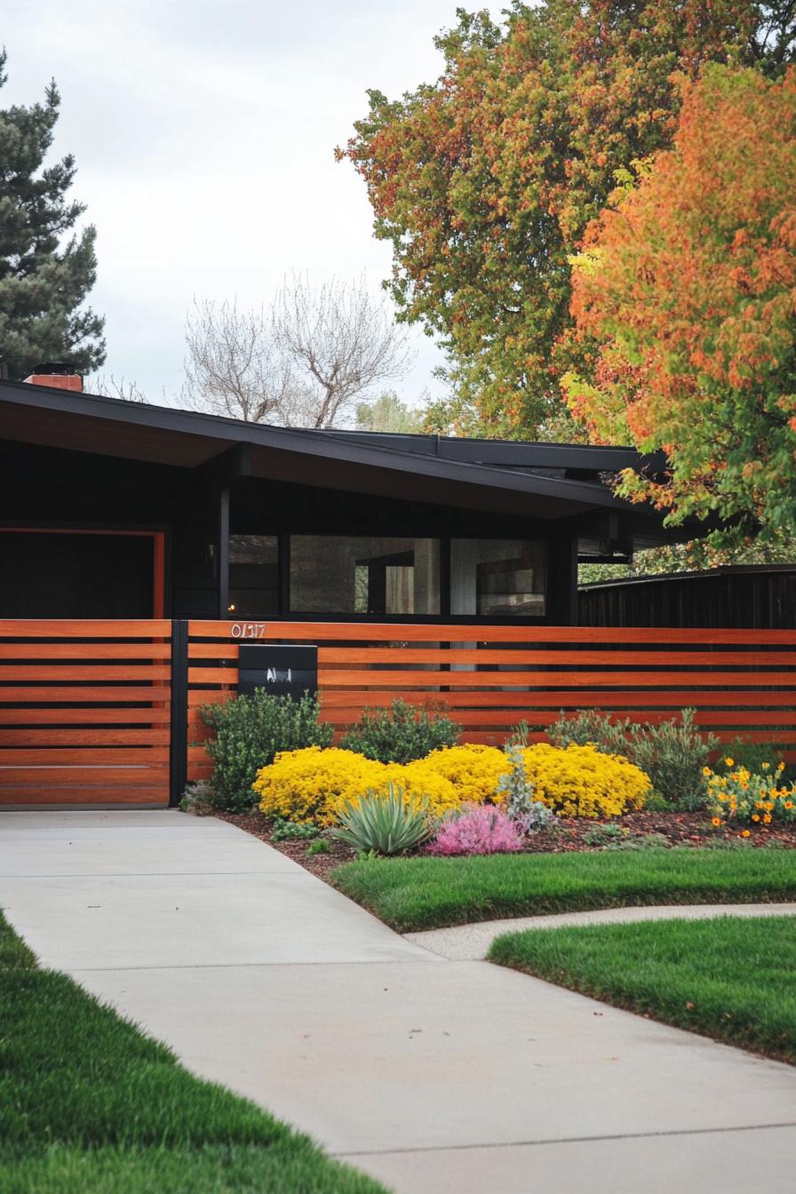 mid century modern house front yard with horizontal slat fence 1