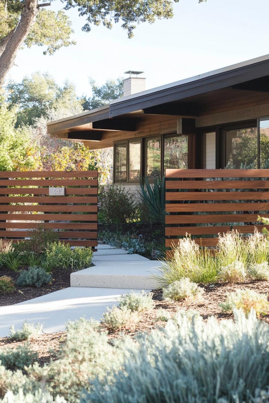 mid century modern house front yard with horizontal slat fence 2