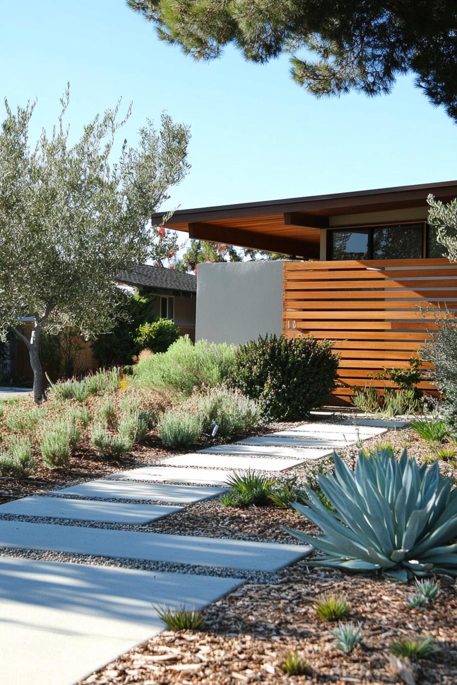 mid century modern house front yard with horizontal slat fence 3