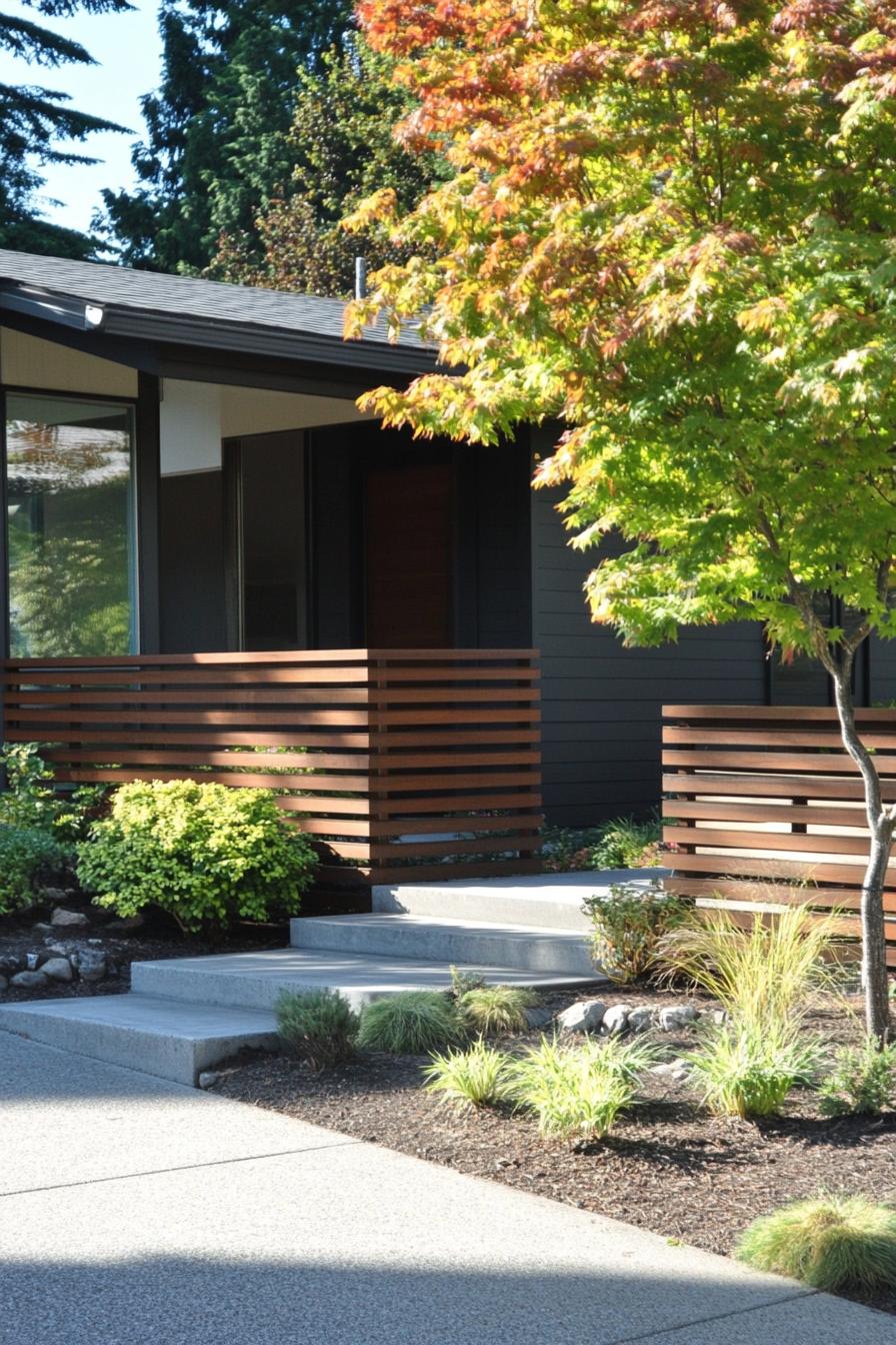 mid century modern house front yard with horizontal slat fence