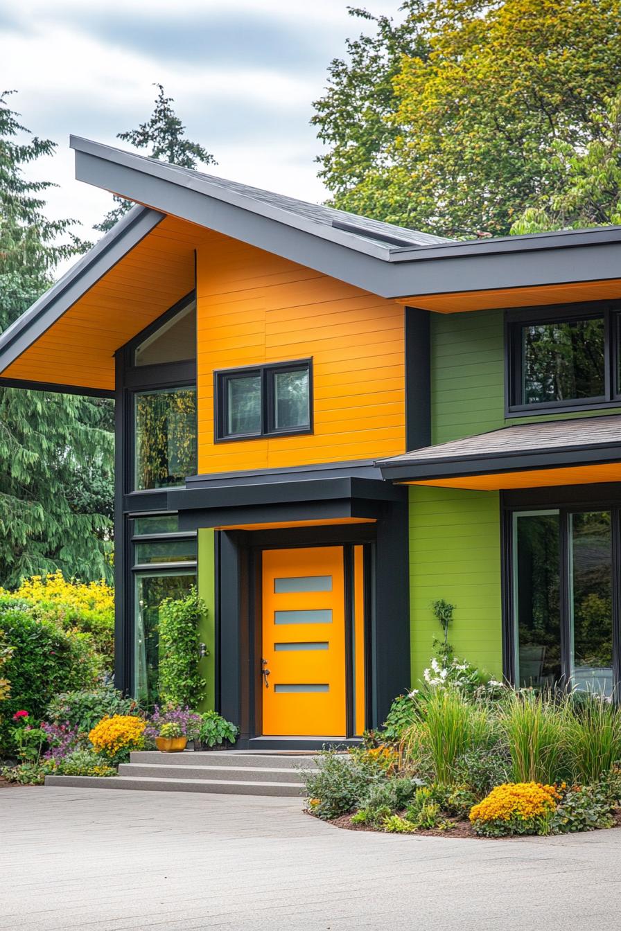 modern 70s style house exterior with brow green and yellow color tones 1