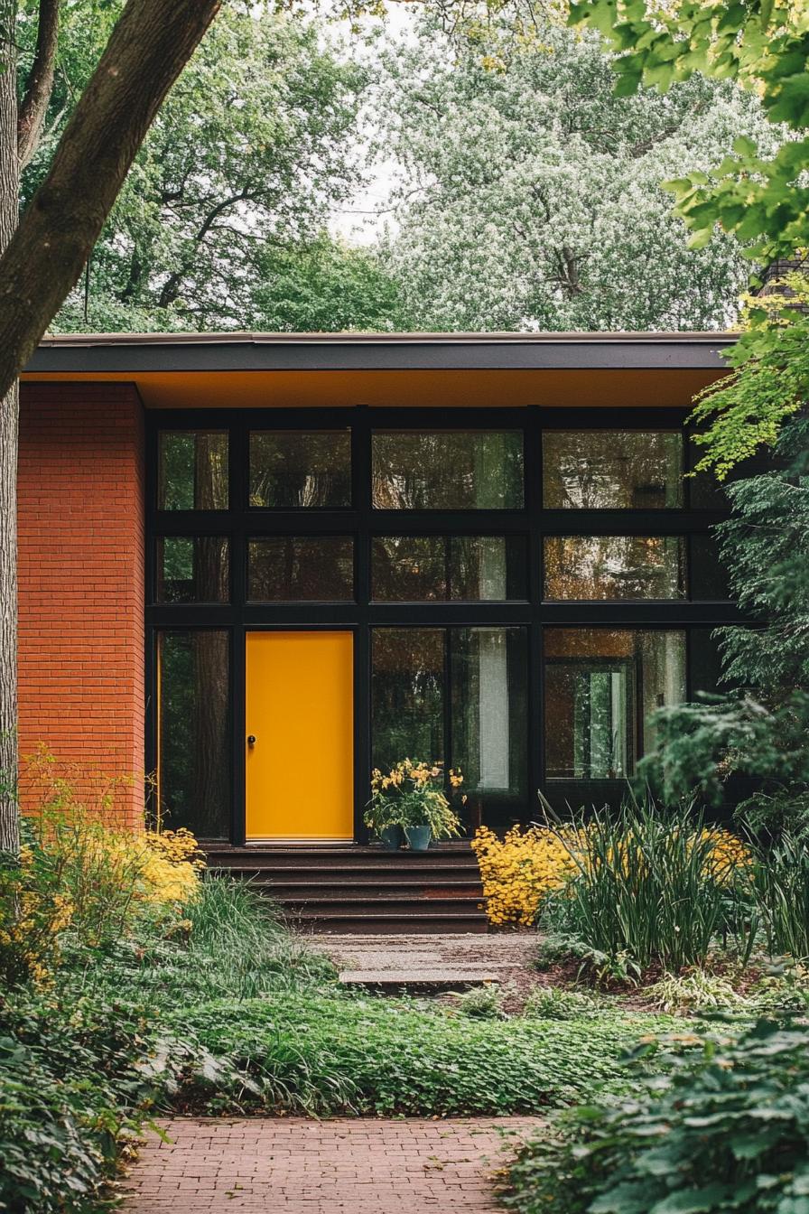 modern 70s style house exterior with brow green and yellow color tones 2