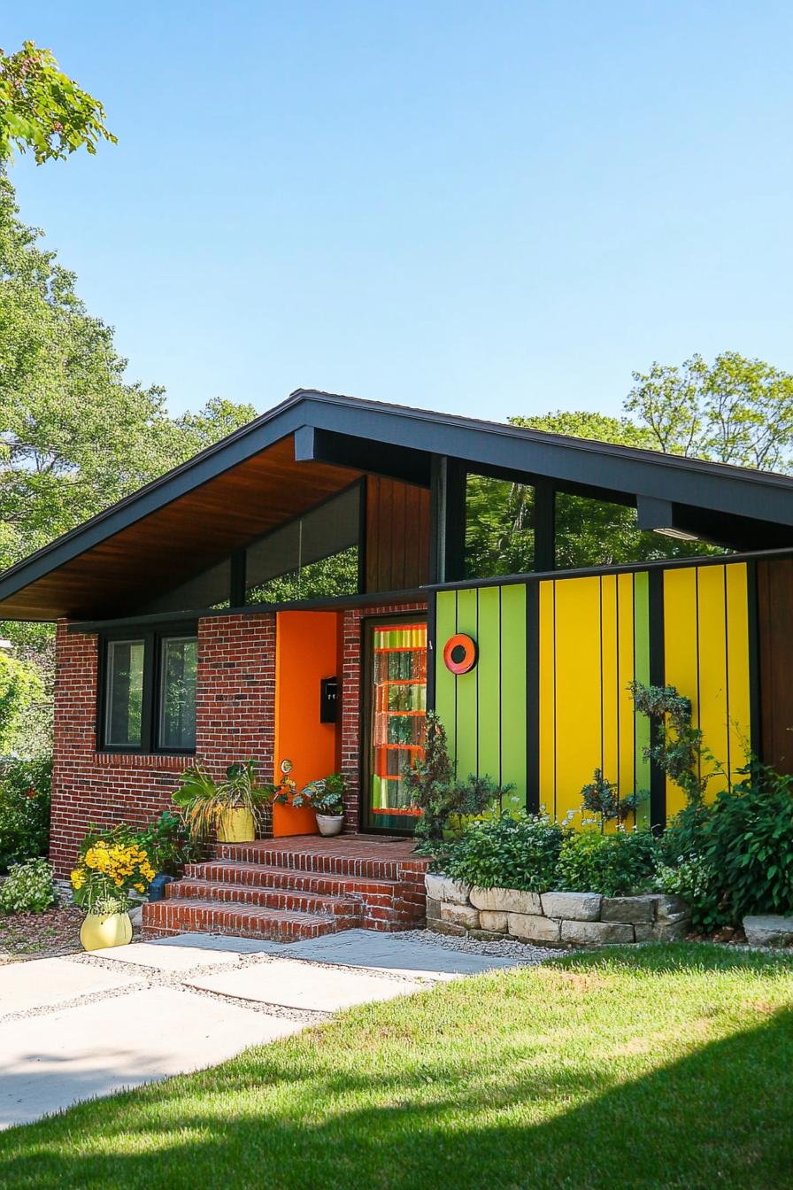 modern 70s style house exterior with brow green and yellow color tones 3