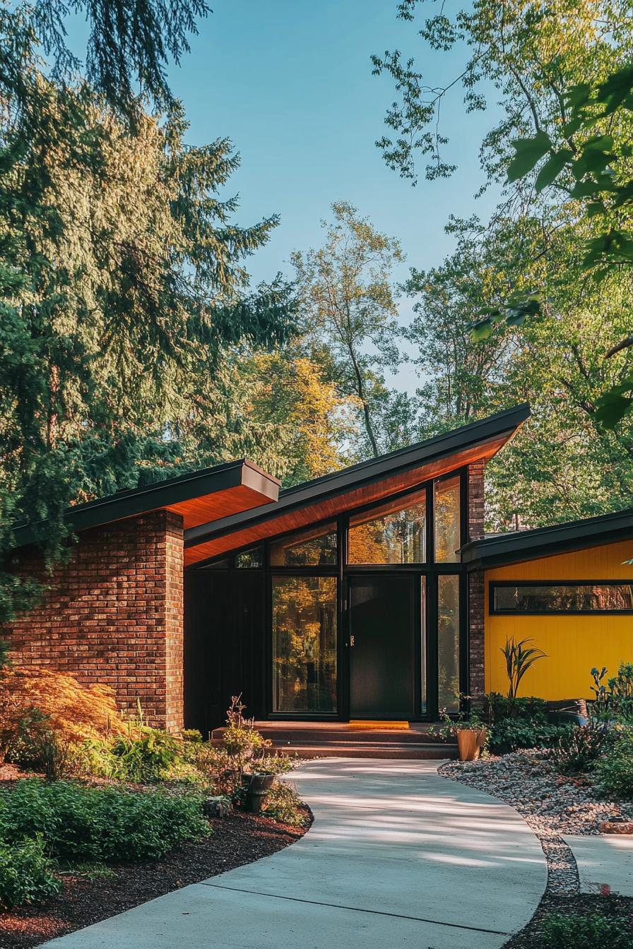 modern 70s style house exterior with brow green and yellow color tones