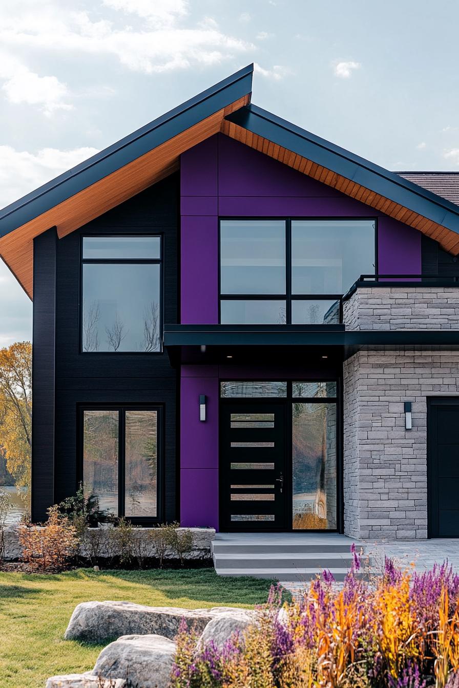 modern 90s style house facade with purple geometric paint color accents beautiful lake in the background 1