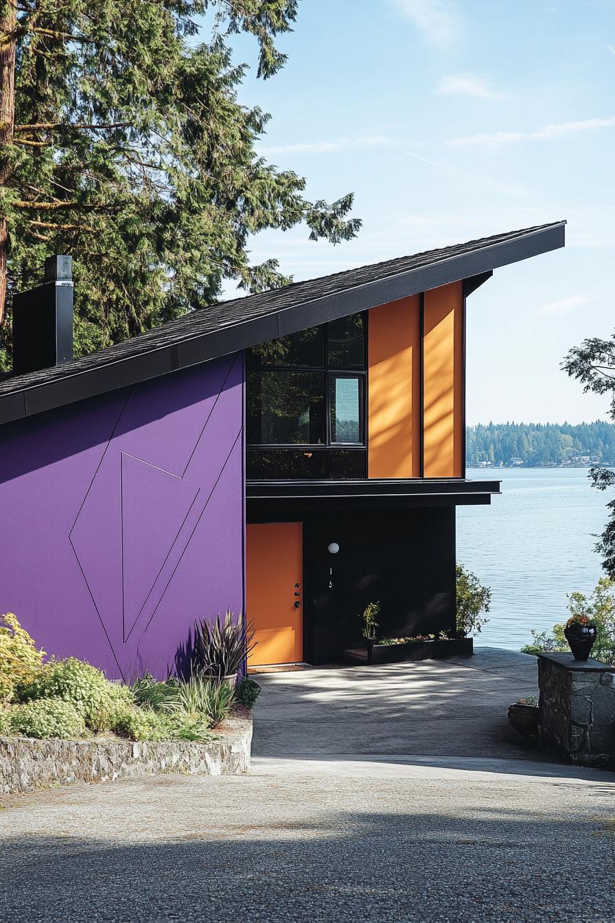 modern 90s style house facade with purple geometric paint color accents beautiful lake in the background 2