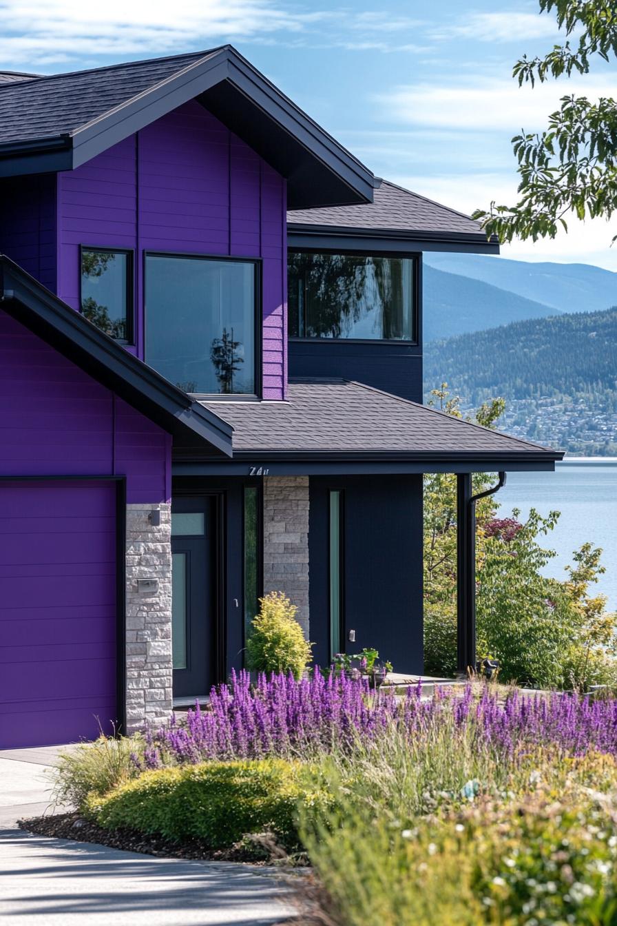 modern 90s style house facade with purple geometric paint color accents beautiful lake in the background 3