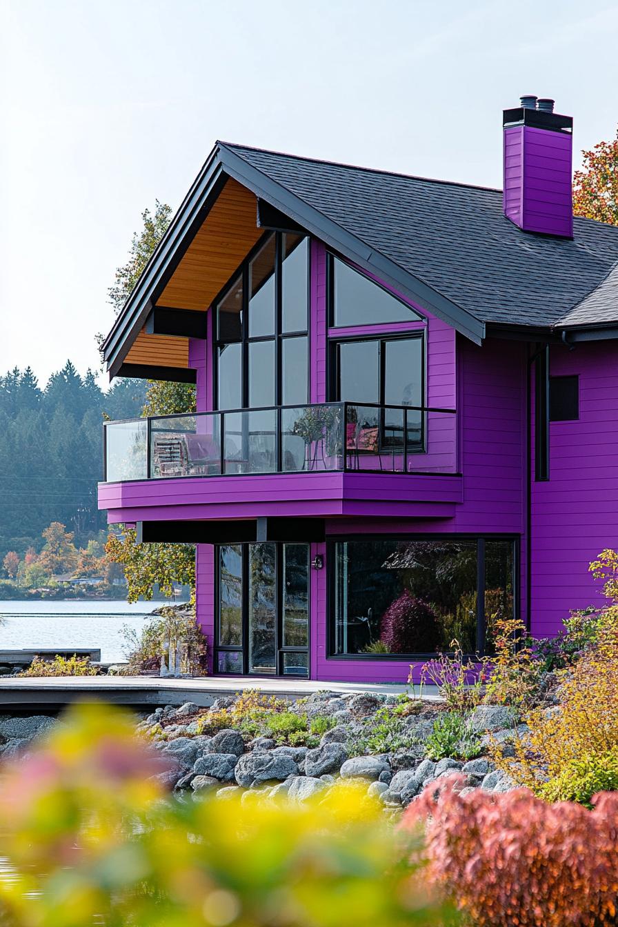 modern 90s style house facade with purple geometric paint color accents beautiful lake in the background