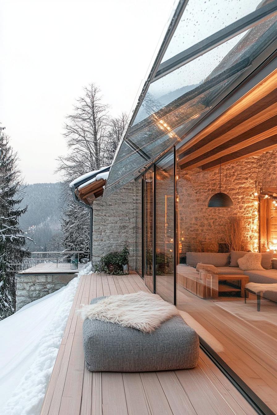 modern Alpine winter chalet with glass roof