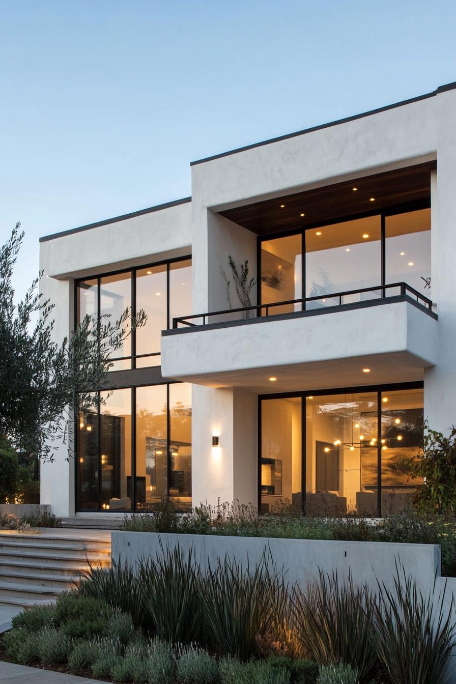 modern California house facade in white stucco with large glass windows 1