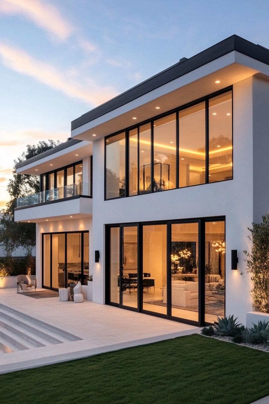 modern California house facade in white stucco with large glass windows 2