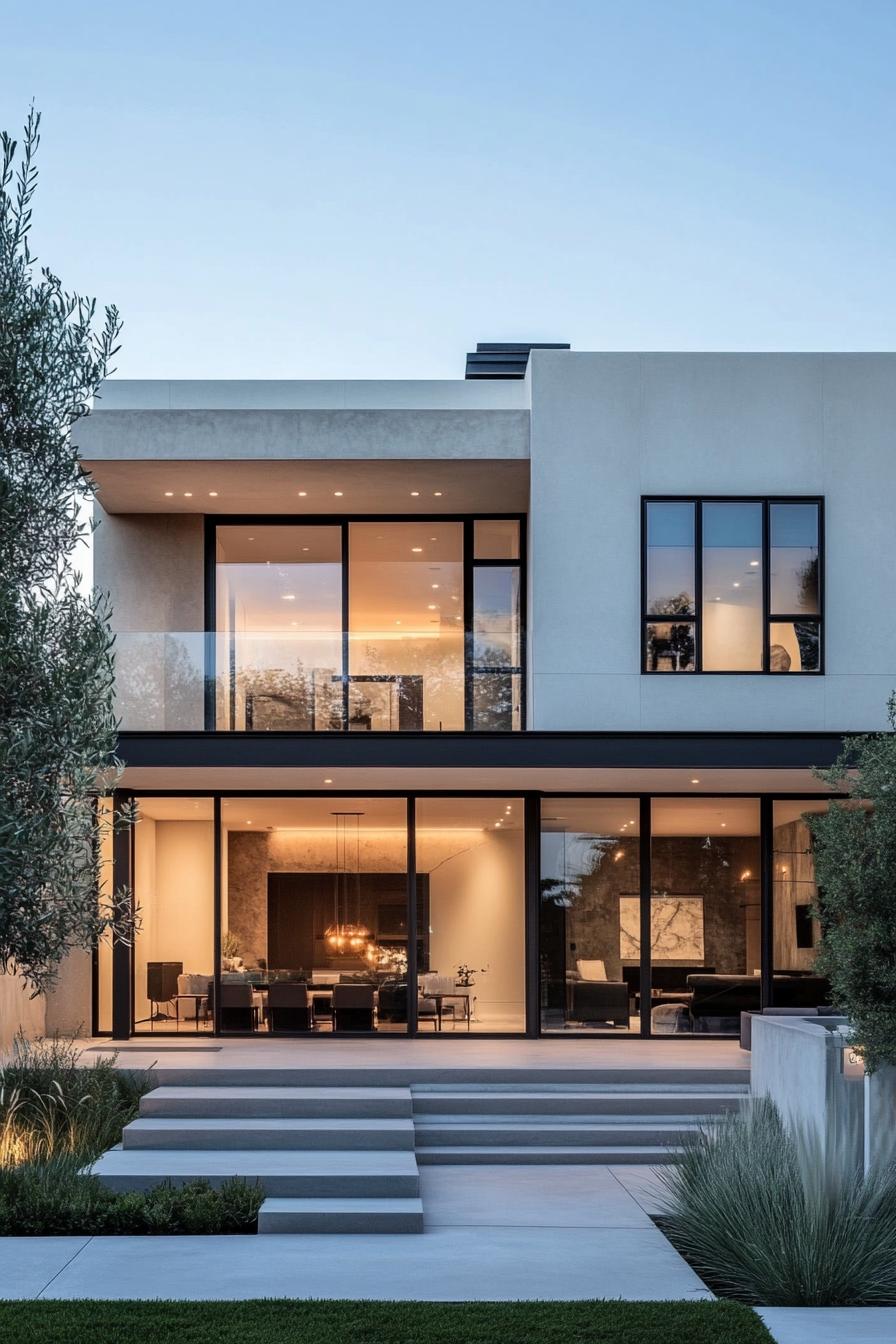 modern California house facade in white stucco with large glass windows 3