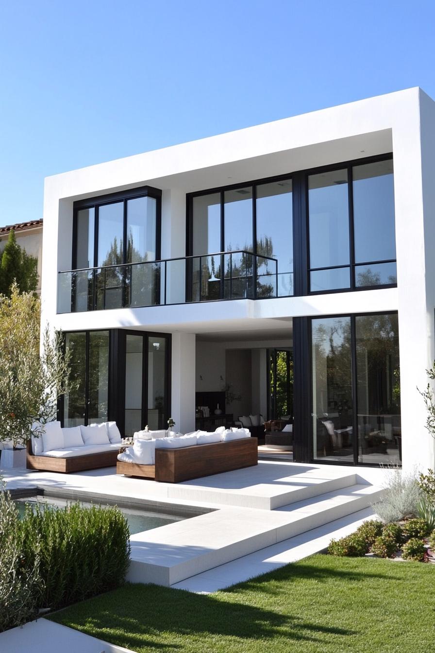 modern California house facade in white stucco with large glass windows