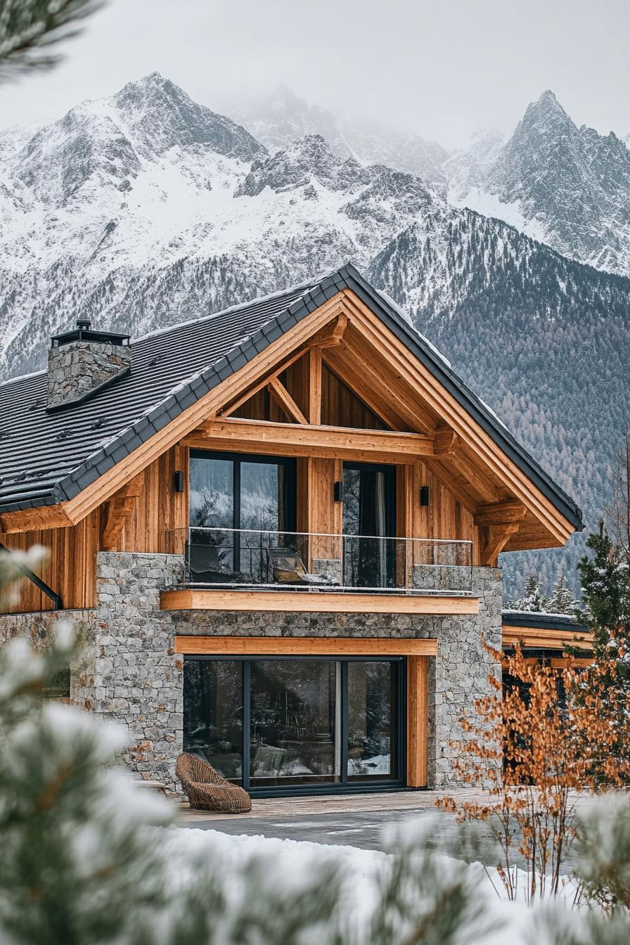 modern French chalet house exterior with wooden beams and stone facade stunning snowy mountains in the background 1