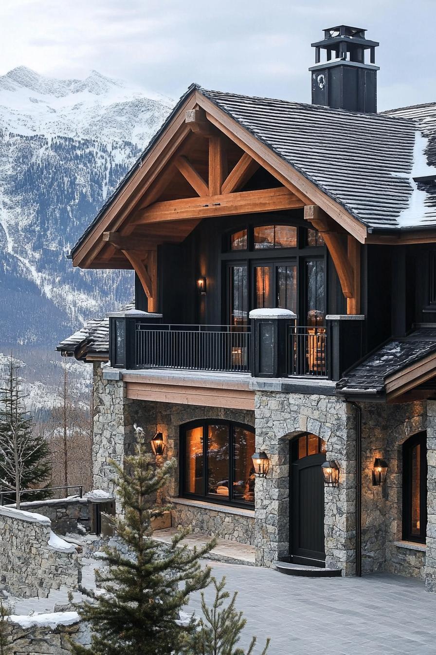 modern French chalet house exterior with wooden beams and stone facade stunning snowy mountains in the background 2