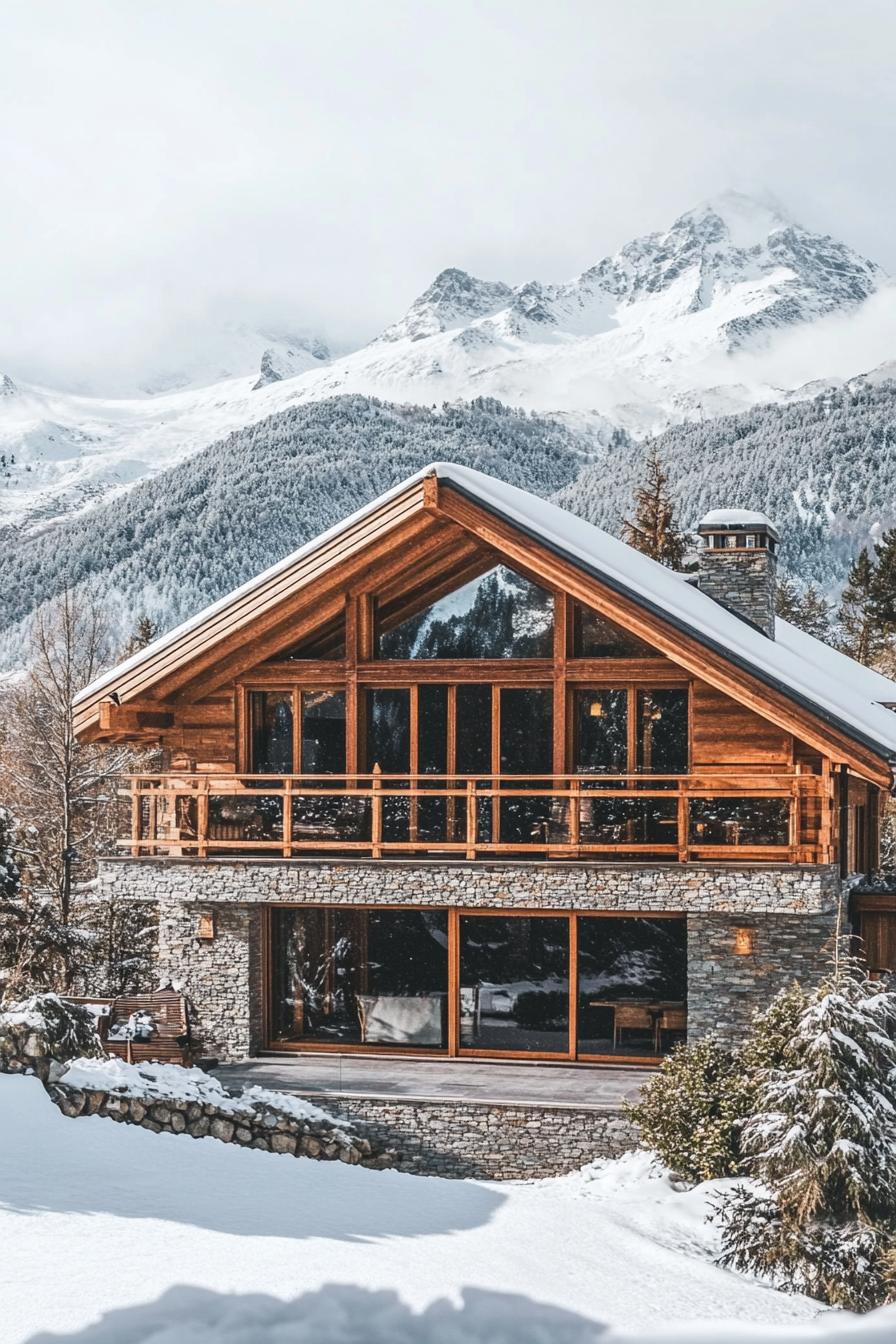 modern French chalet house exterior with wooden beams and stone facade stunning snowy mountains in the background 3