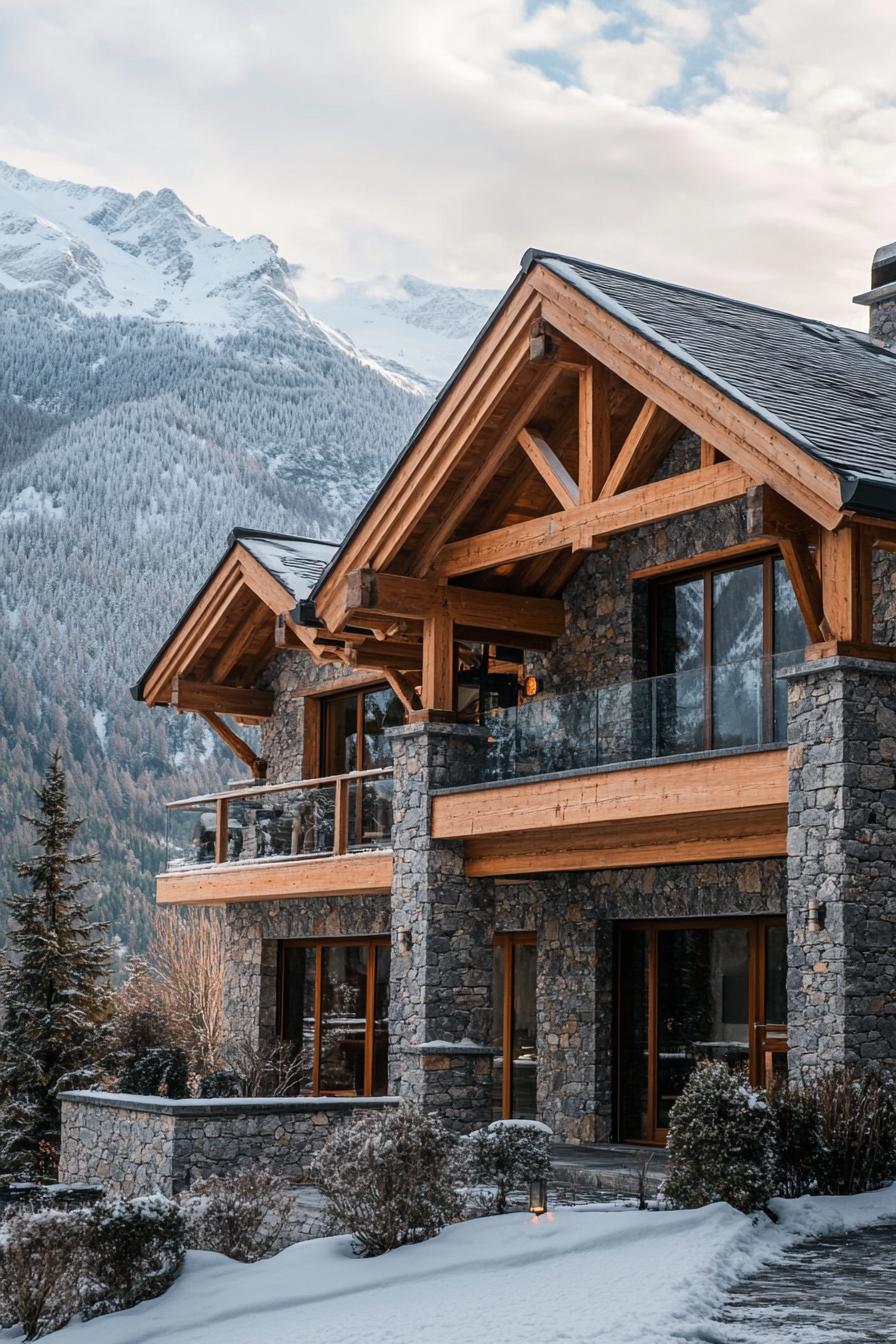 modern French chalet house exterior with wooden beams and stone facade stunning snowy mountains in the background